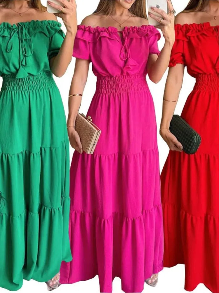 Spring Summer Women's New Dress, Women's Fashion Temperament, Ruffle Edge One Neck Short Sleeved Bubble Sleeve Dress