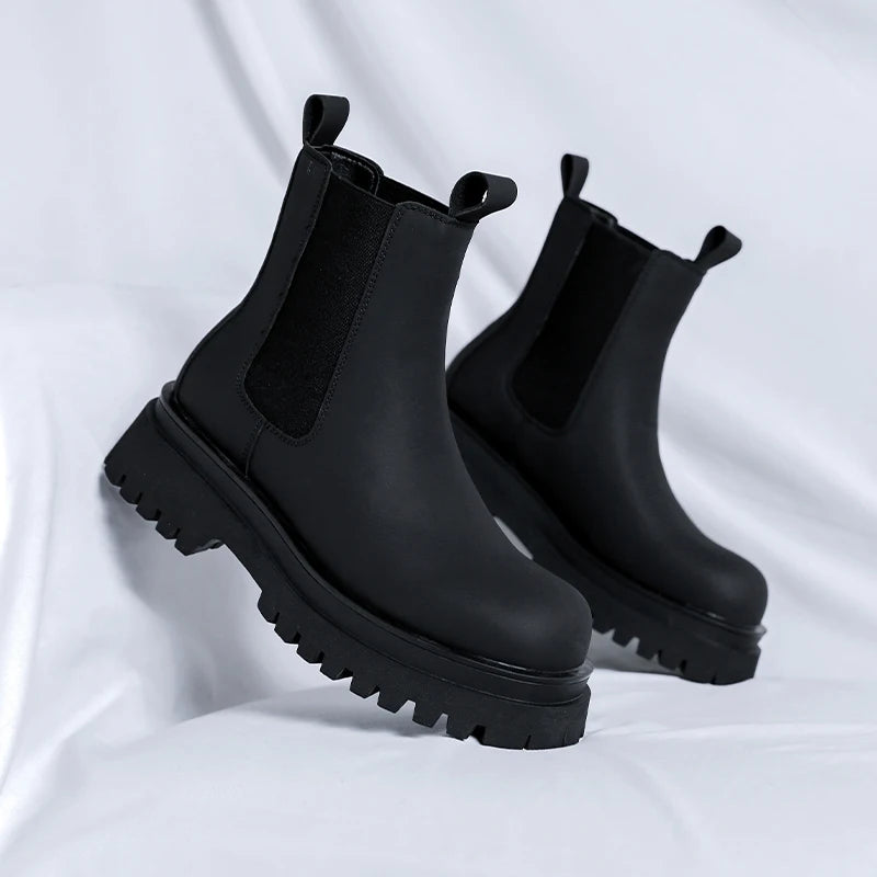 HypeHub Black Leather Platform Ankle Boots – Men's Motorcycle Style