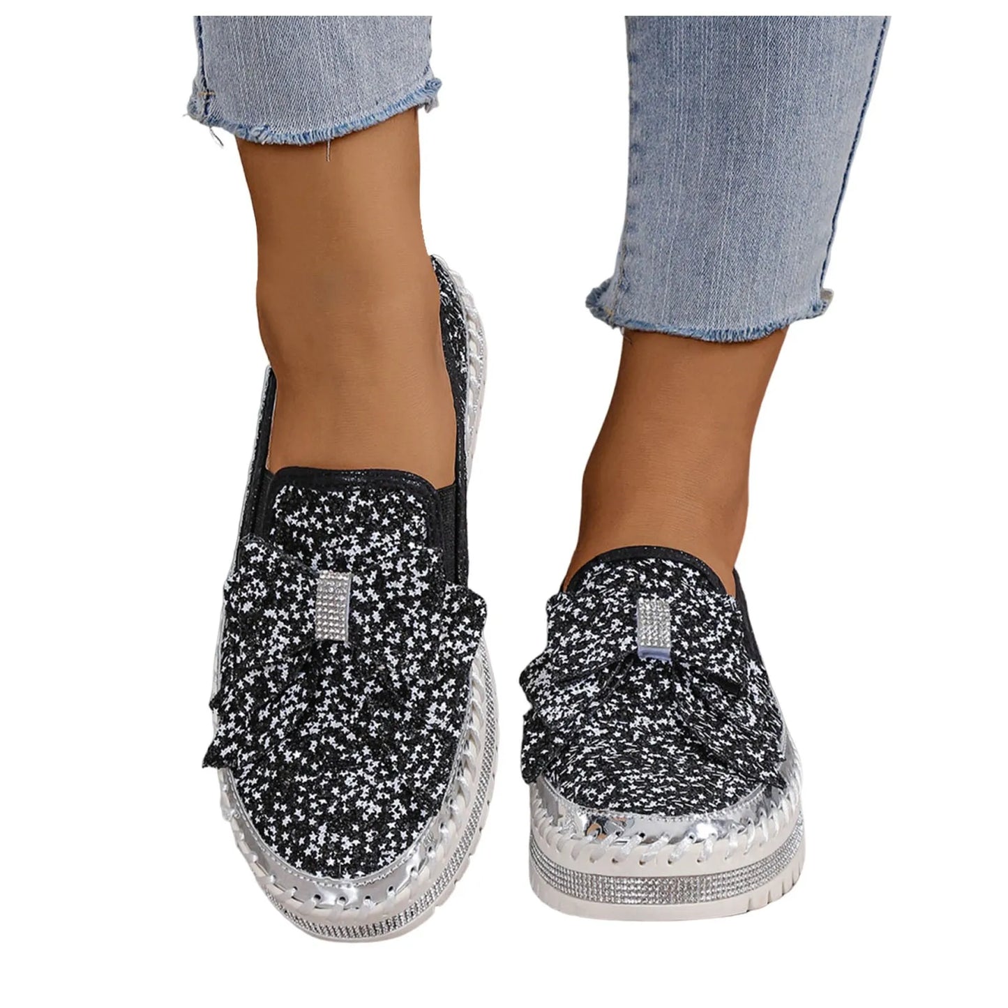 Women'S Sneakers Women'S Fashion Sequin Bow Casual Shoes Slip On Casual Comfortable Shoes лоферы женские