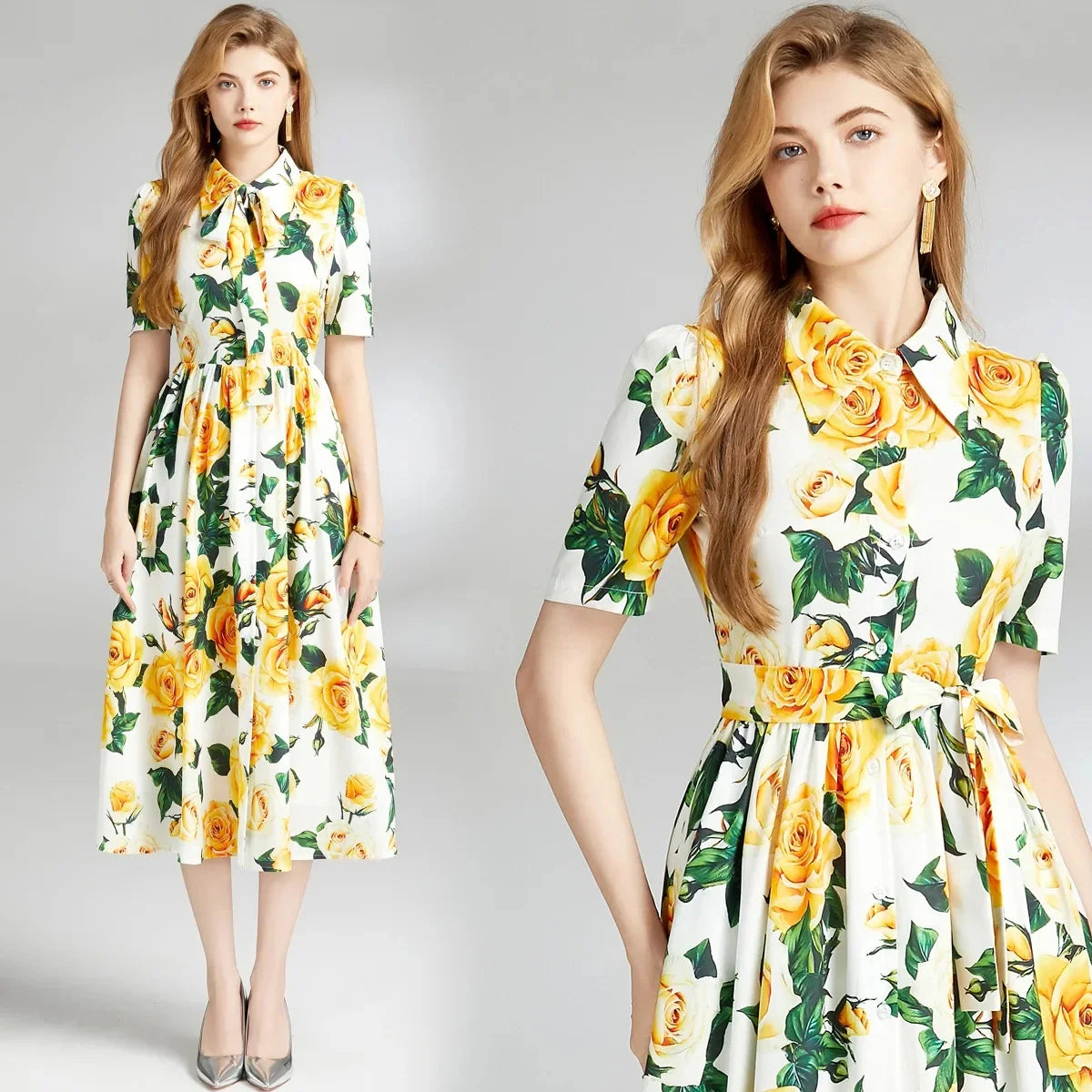 Slimming Rose Print Empire Waist Long Shirt Dress Women's Cross-Border Fashion Summer New Style Knee-Length Elegant Dress