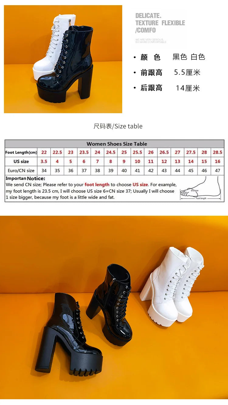 Ankle Boots Round Toe Block High Heel 14cm Platform Zipper Lace Up Plus Size 35-43 Party Booty Solid Platform Boots Ladies Shoes
