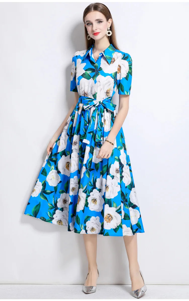 Slimming Rose Print Empire Waist Long Shirt Dress Women's Cross-Border Fashion Summer New Style Knee-Length Elegant Dress