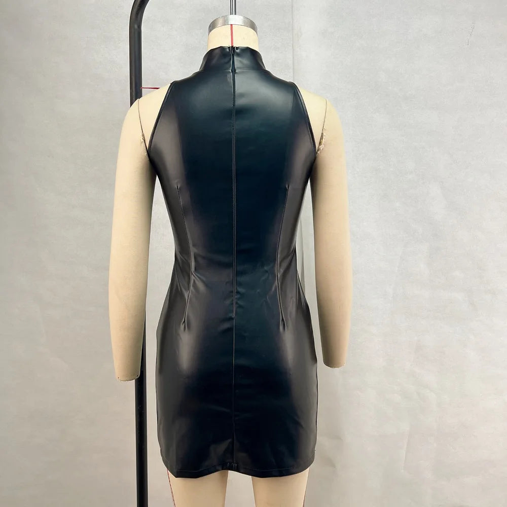 Fashion PU Leather Mini Dress Women Elegant Stand Collar Bodycon Short Party Dress Female Sexy Slim Sleeveless Evening Vestidos
