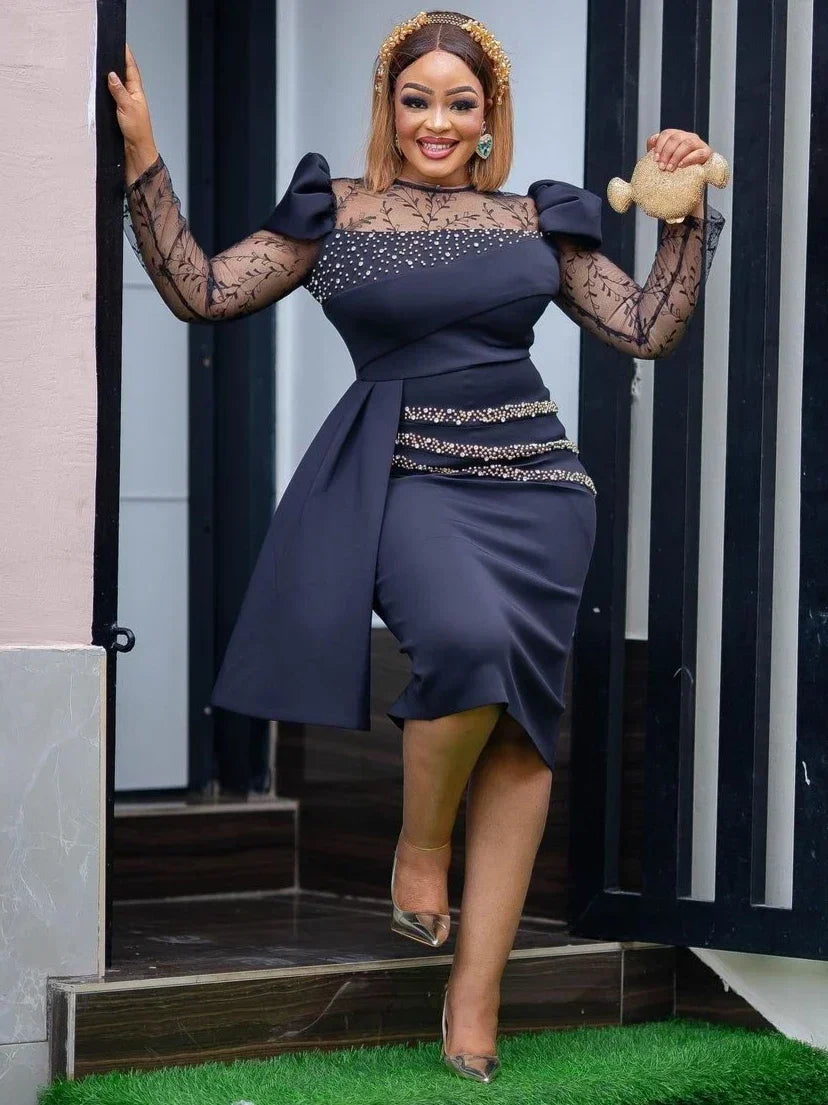 AOMEI Women's Embroidered Sheath Midi Dress – Long Sleeve Patchwork