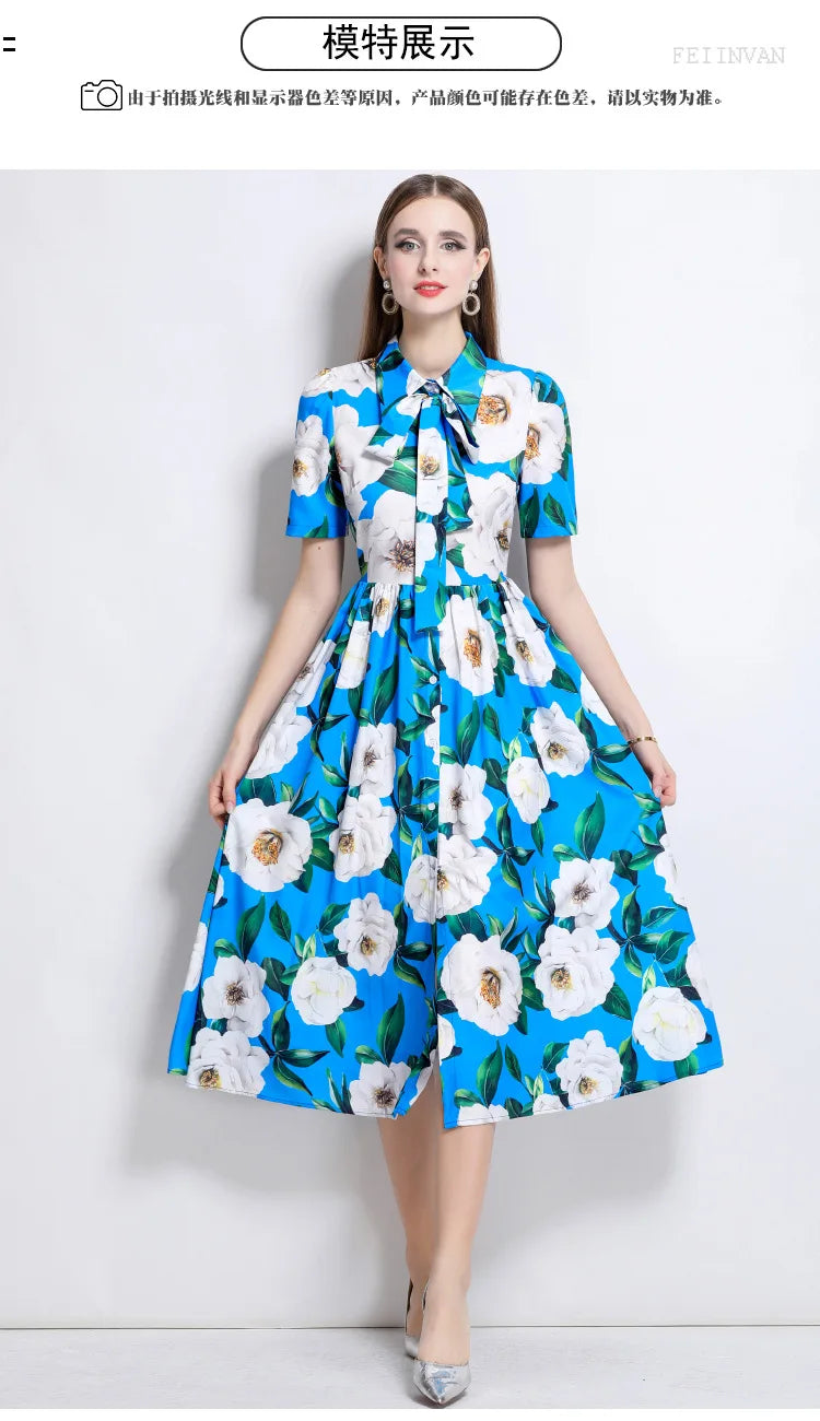 Slimming Rose Print Empire Waist Long Shirt Dress Women's Cross-Border Fashion Summer New Style Knee-Length Elegant Dress
