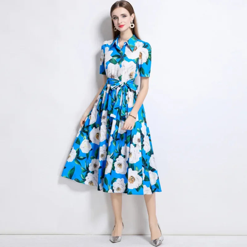 Slimming Rose Print Empire Waist Long Shirt Dress Women's Cross-Border Fashion Summer New Style Knee-Length Elegant Dress