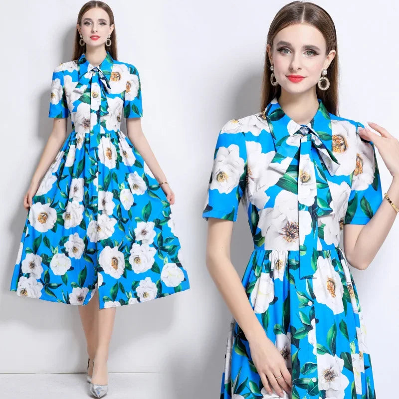 Slimming Rose Print Empire Waist Long Shirt Dress Women's Cross-Border Fashion Summer New Style Knee-Length Elegant Dress