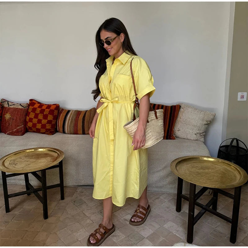 Casual Women's Lace Up Dress Single-Breasted Turn-Down Collar Short Sleeve Lady Dresses 2025 Spring Summer Loose Female Robe