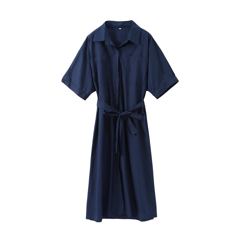 Casual Women's Lace Up Dress Single-Breasted Turn-Down Collar Short Sleeve Lady Dresses 2025 Spring Summer Loose Female Robe