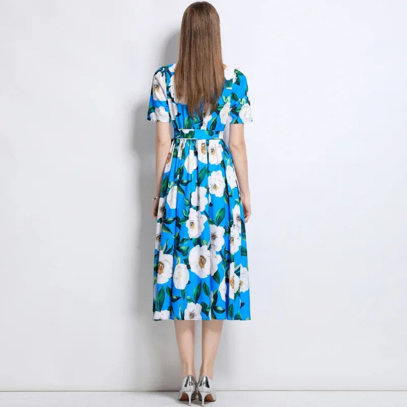 Slimming Rose Print Empire Waist Long Shirt Dress Women's Cross-Border Fashion Summer New Style Knee-Length Elegant Dress