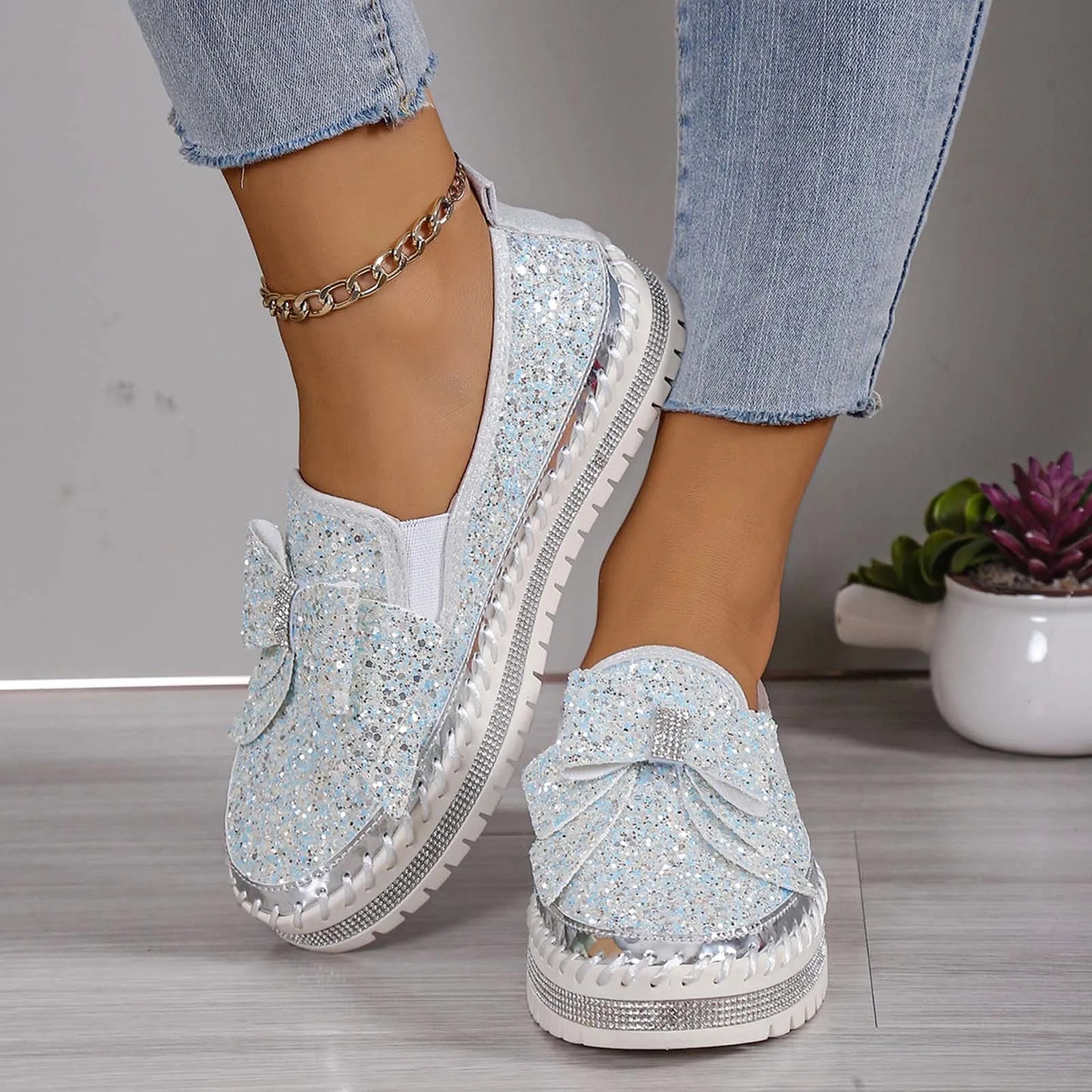HypeHub Women's Sequin Bow Slip-On Sneakers – Casual Canvas Flats