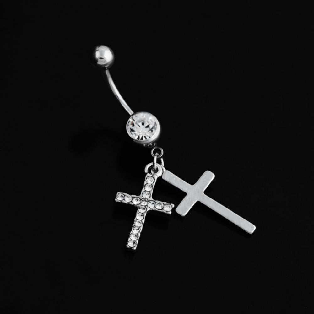 BLUELANS Rhinestone Double Cross Dangle Navel Ring – Surgical Steel Belly Button Piercing