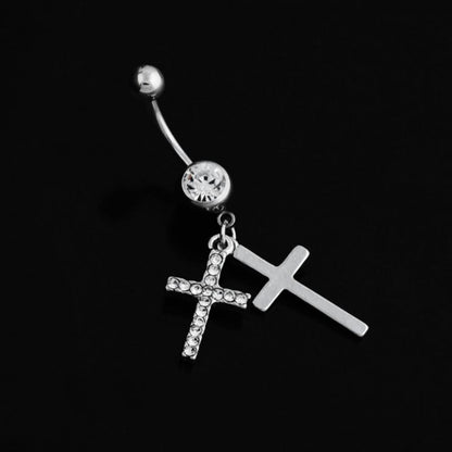 BLUELANS Rhinestone Double Cross Dangle Navel Ring – Surgical Steel Belly Button Piercing