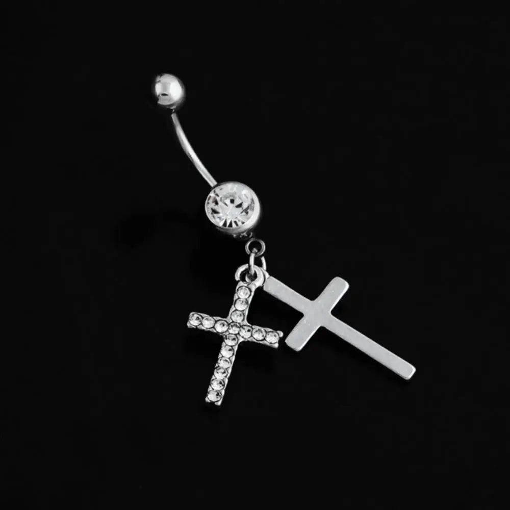 BLUELANS Rhinestone Double Cross Dangle Navel Ring – Surgical Steel Belly Button Piercing