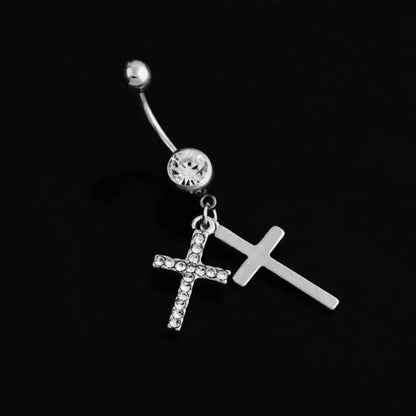 BLUELANS Rhinestone Double Cross Dangle Navel Ring – Surgical Steel Belly Button Piercing