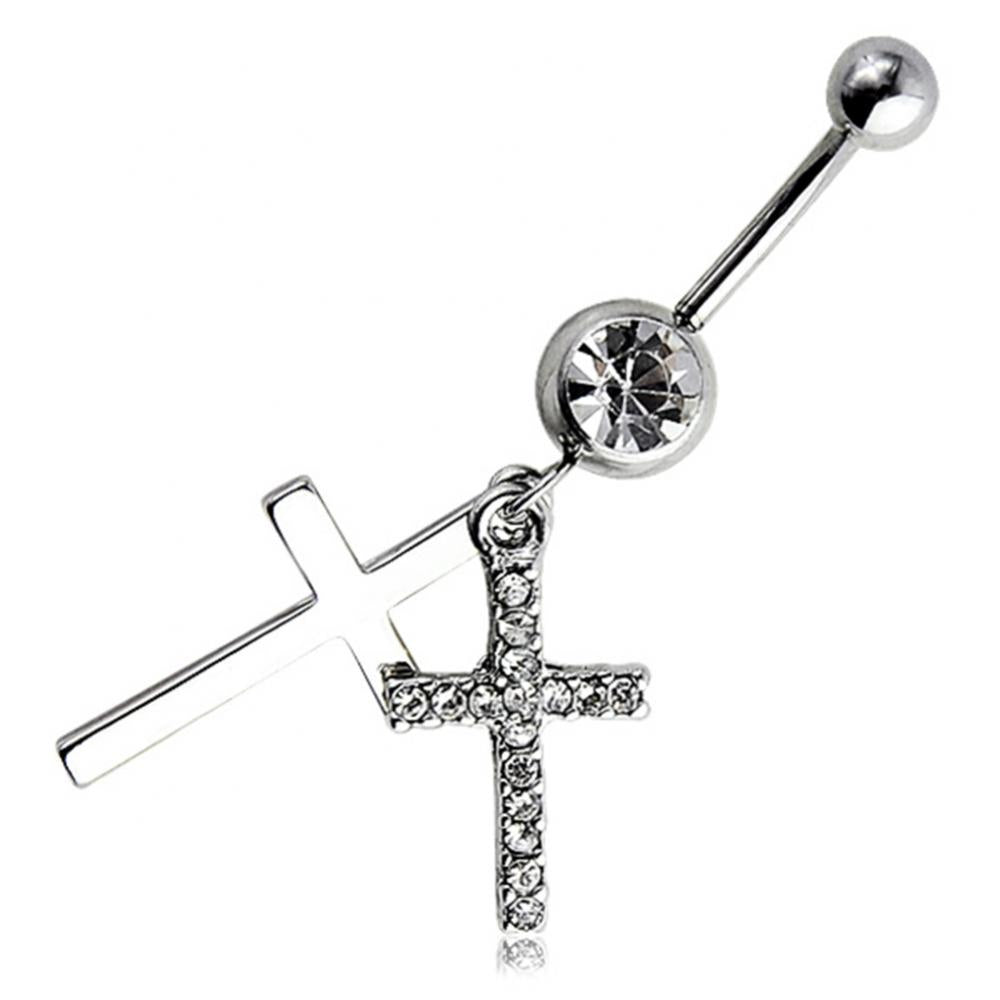 BLUELANS Rhinestone Double Cross Dangle Navel Ring – Surgical Steel Belly Button Piercing
