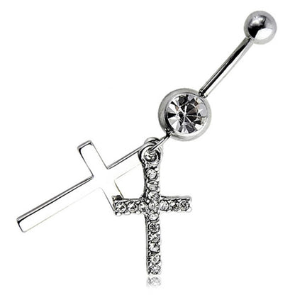 BLUELANS Rhinestone Double Cross Dangle Navel Ring – Surgical Steel Belly Button Piercing