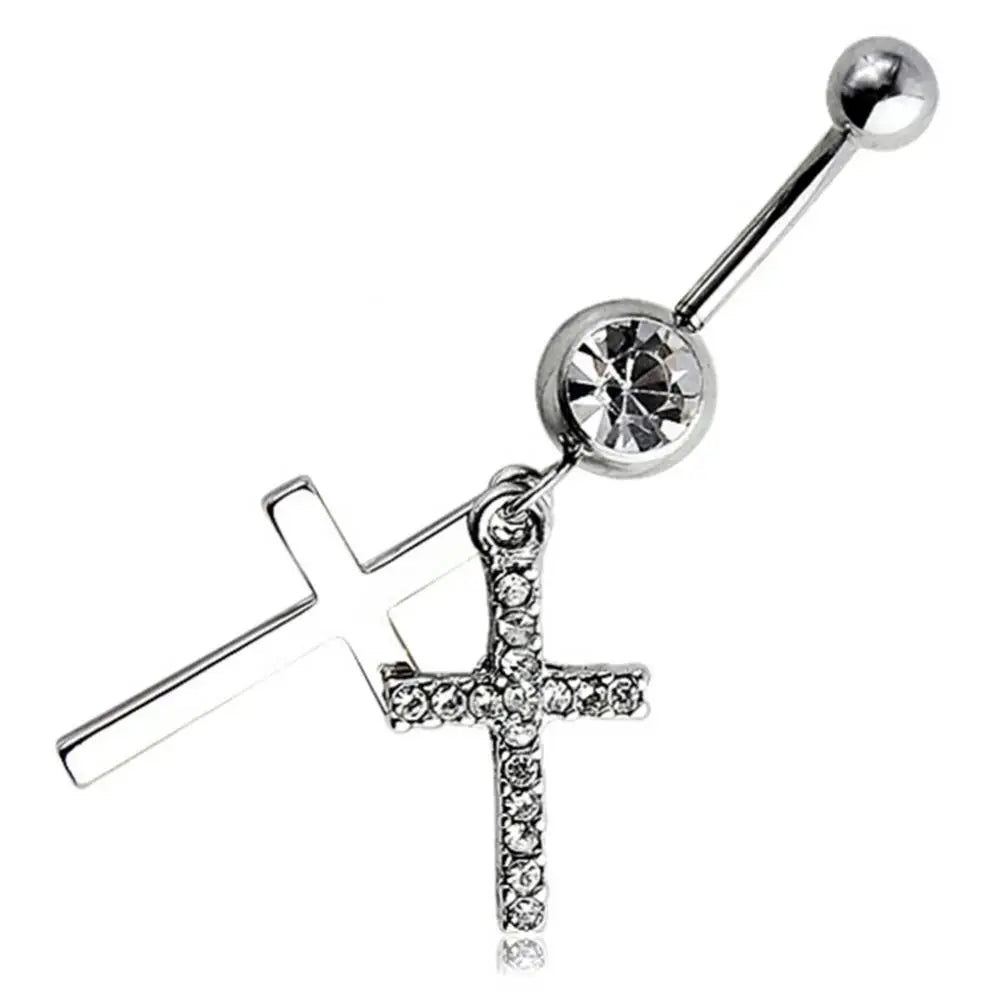 BLUELANS Rhinestone Double Cross Dangle Navel Ring – Surgical Steel Belly Button Piercing