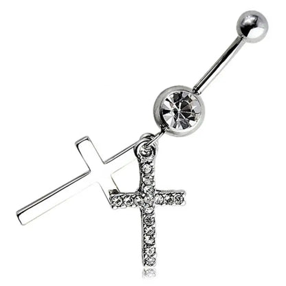 BLUELANS Rhinestone Double Cross Dangle Navel Ring – Surgical Steel Belly Button Piercing