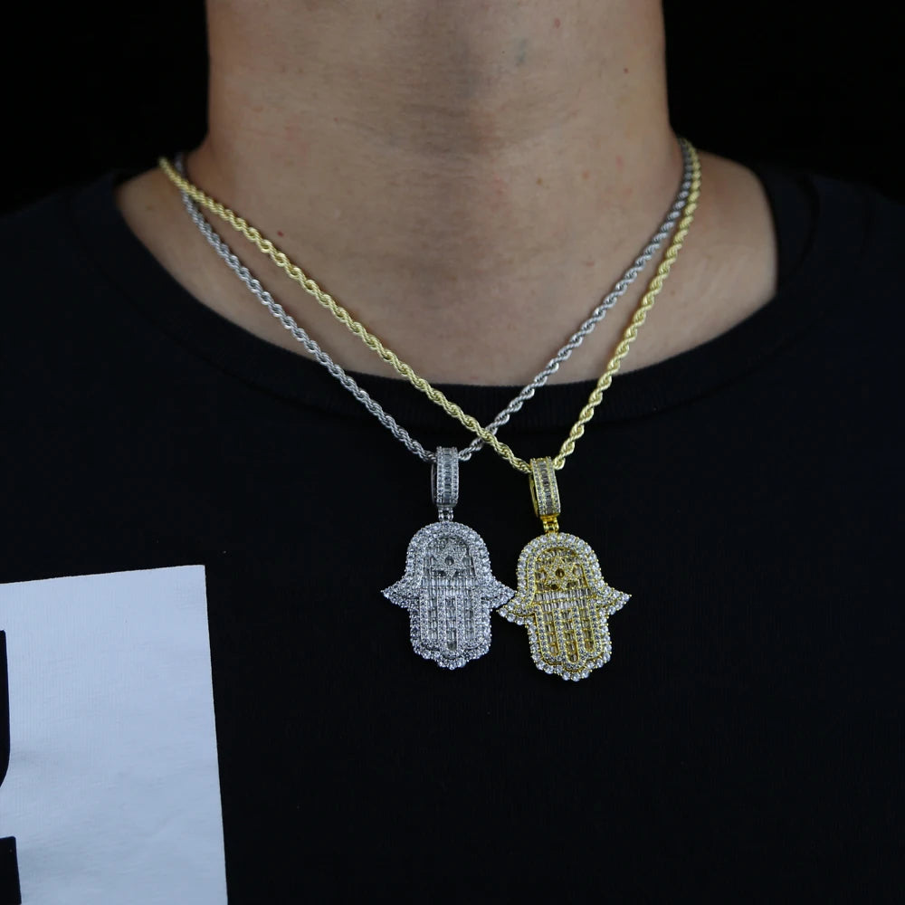 JYZSHINY Hamsa Hand Iced Out CZ Pendant Necklace – Men's Hiphop Bling