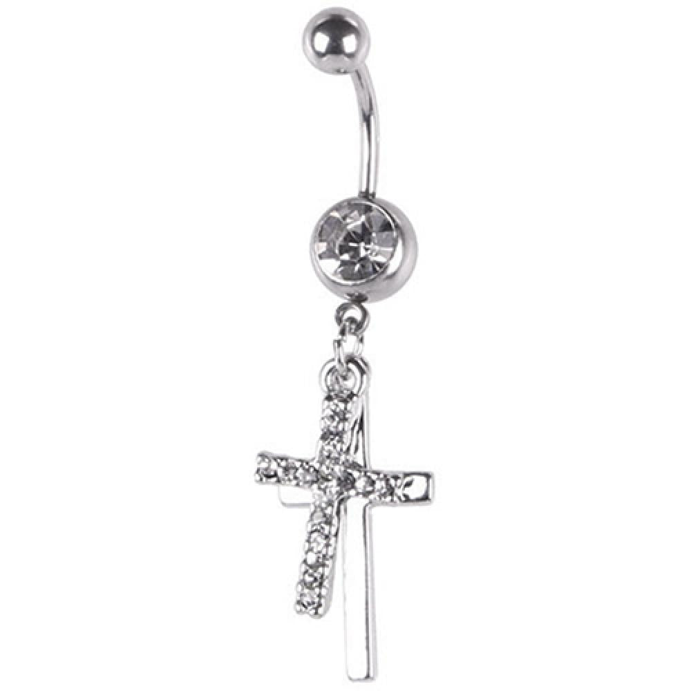 BLUELANS Rhinestone Double Cross Dangle Navel Ring – Surgical Steel Belly Button Piercing