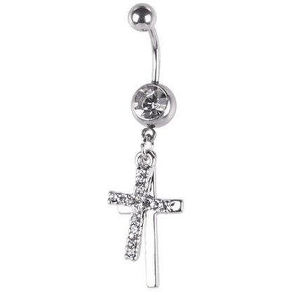BLUELANS Rhinestone Double Cross Dangle Navel Ring – Surgical Steel Belly Button Piercing