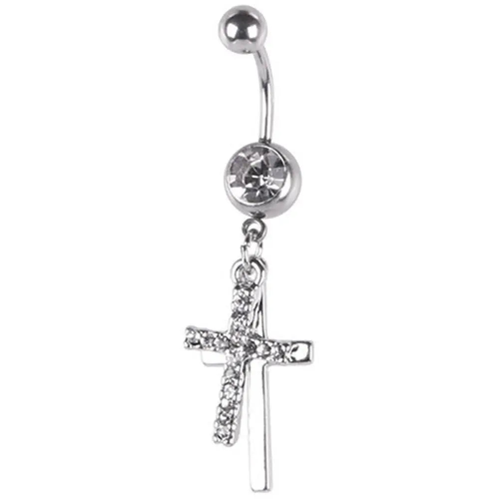 BLUELANS Rhinestone Double Cross Dangle Navel Ring – Surgical Steel Belly Button Piercing