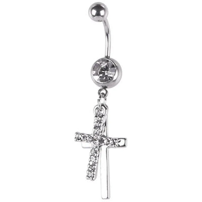 BLUELANS Rhinestone Double Cross Dangle Navel Ring – Surgical Steel Belly Button Piercing