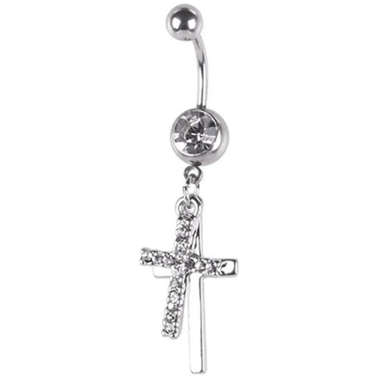 BLUELANS Rhinestone Double Cross Dangle Navel Ring – Surgical Steel Belly Button Piercing