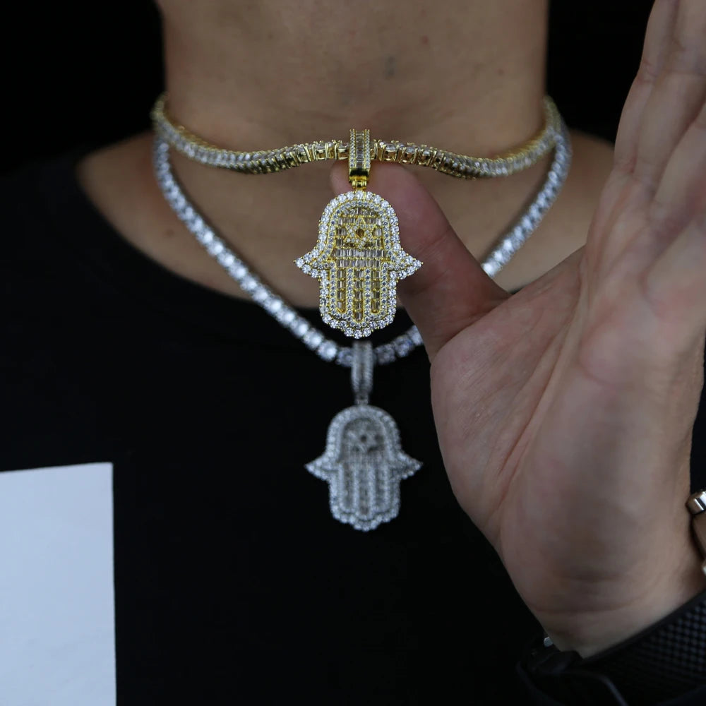 JYZSHINY Hamsa Hand Iced Out CZ Pendant Necklace – Men's Hiphop Bling