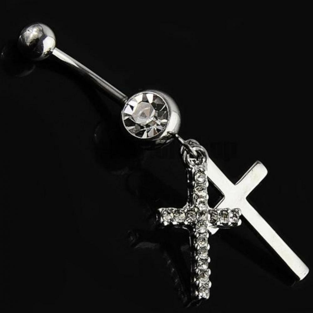 BLUELANS Rhinestone Double Cross Dangle Navel Ring – Surgical Steel Belly Button Piercing
