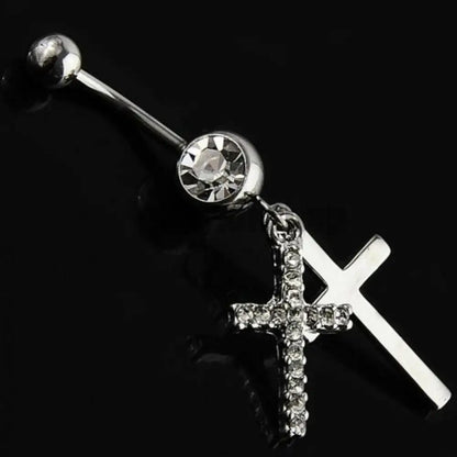 BLUELANS Rhinestone Double Cross Dangle Navel Ring – Surgical Steel Belly Button Piercing