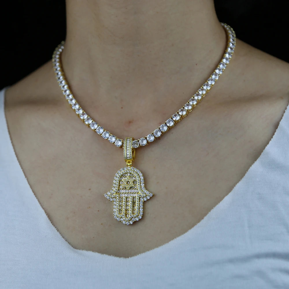 JYZSHINY Hamsa Hand Iced Out CZ Pendant Necklace – Men's Hiphop Bling