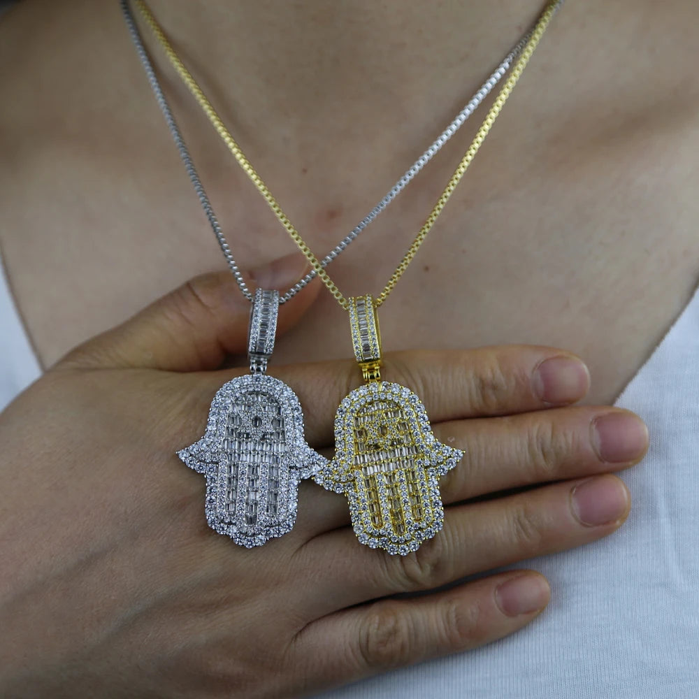 JYZSHINY Hamsa Hand Iced Out CZ Pendant Necklace – Men's Hiphop Bling