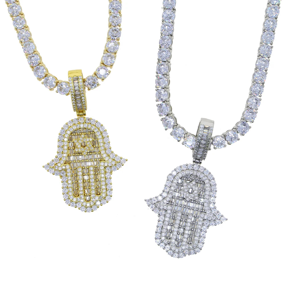 JYZSHINY Hamsa Hand Iced Out CZ Pendant Necklace – Men's Hiphop Bling
