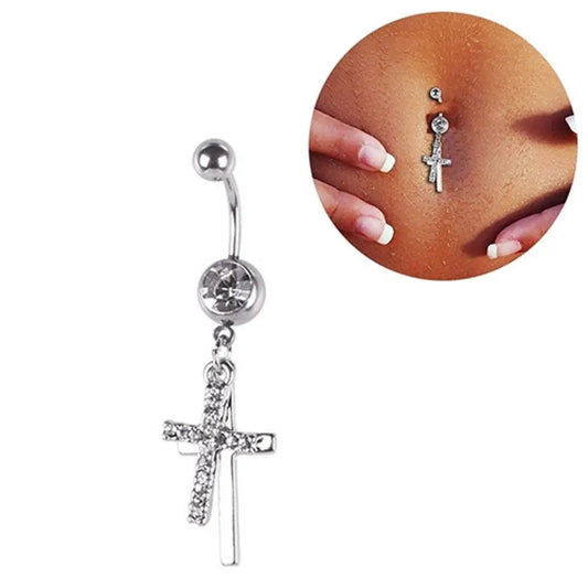 BLUELANS Rhinestone Double Cross Dangle Navel Ring – Surgical Steel Belly Button Piercing