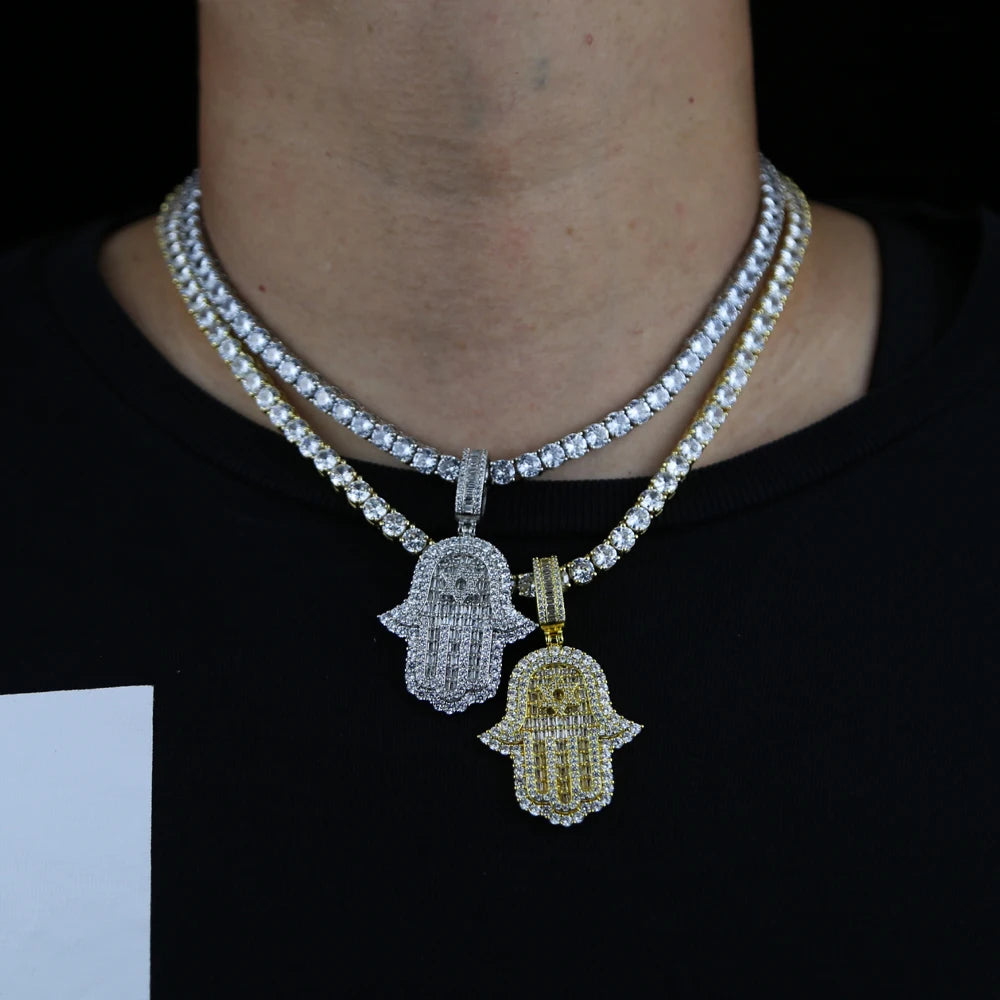 JYZSHINY Hamsa Hand Iced Out CZ Pendant Necklace – Men's Hiphop Bling