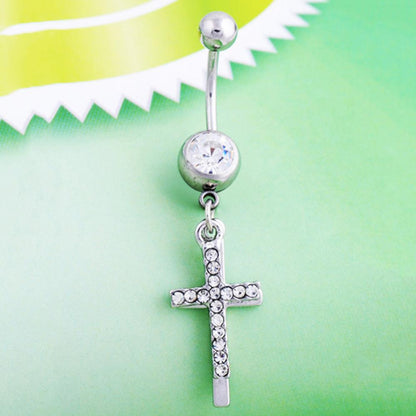 BLUELANS Rhinestone Double Cross Dangle Navel Ring – Surgical Steel Belly Button Piercing