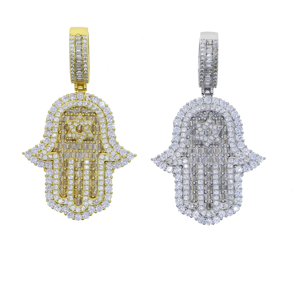 JYZSHINY Hamsa Hand Iced Out CZ Pendant Necklace – Men's Hiphop Bling