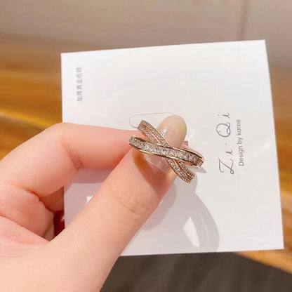 MOONBIFFY Gold Stainless Steel Cross Zircon Wedding Band Ring for Women