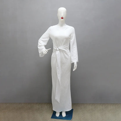 2024 Autumn Fashion Women's Leisure Elegant Maxi Dress Metal Buckle Retro Solid Long A-line Women's Dress Party Vestidos Robes