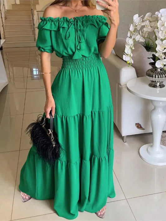 Spring Summer Women's New Dress, Women's Fashion Temperament, Ruffle Edge One Neck Short Sleeved Bubble Sleeve Dress