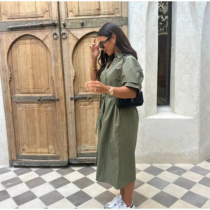 Casual Women's Lace Up Dress Single-Breasted Turn-Down Collar Short Sleeve Lady Dresses 2025 Spring Summer Loose Female Robe