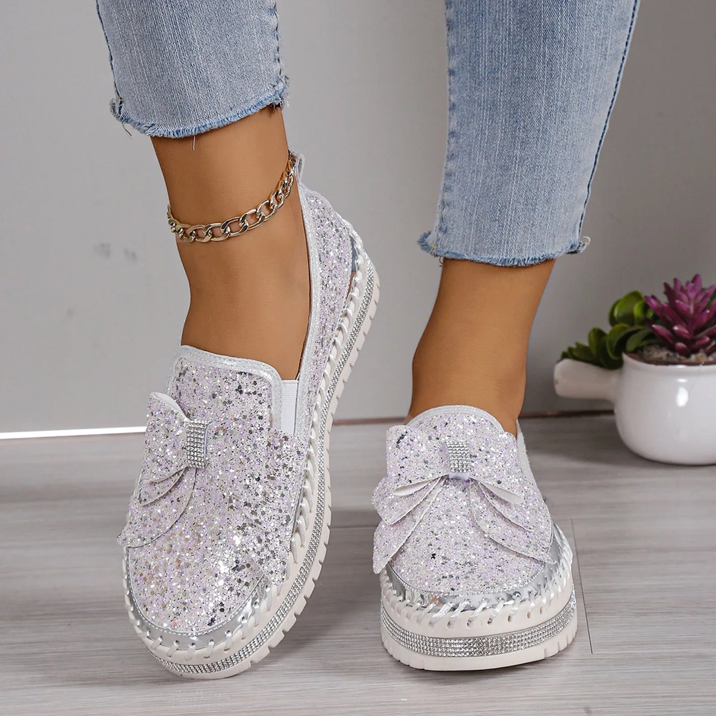 Women'S Sneakers Women'S Fashion Sequin Bow Casual Shoes Slip On Casual Comfortable Shoes лоферы женские