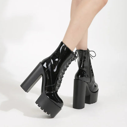 Ankle Boots Round Toe Block High Heel 14cm Platform Zipper Lace Up Plus Size 35-43 Party Booty Solid Platform Boots Ladies Shoes