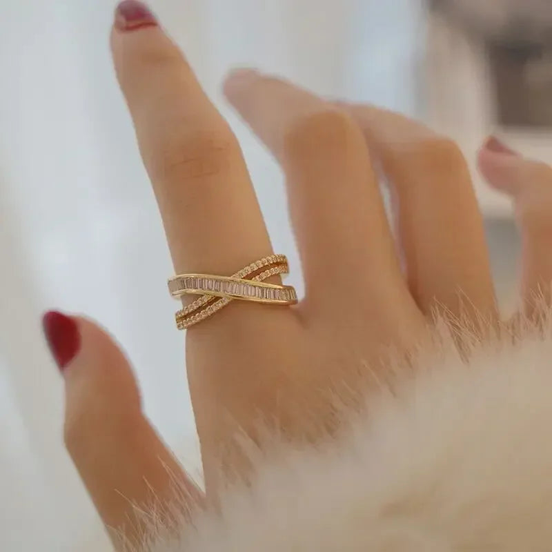 MOONBIFFY Gold Stainless Steel Cross Zircon Wedding Band Ring for Women