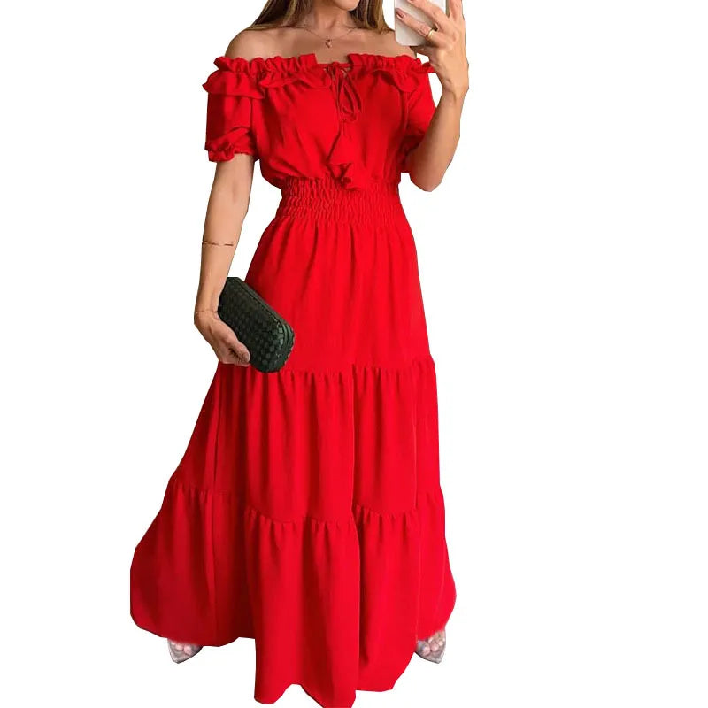 Spring Summer Women's New Dress, Women's Fashion Temperament, Ruffle Edge One Neck Short Sleeved Bubble Sleeve Dress