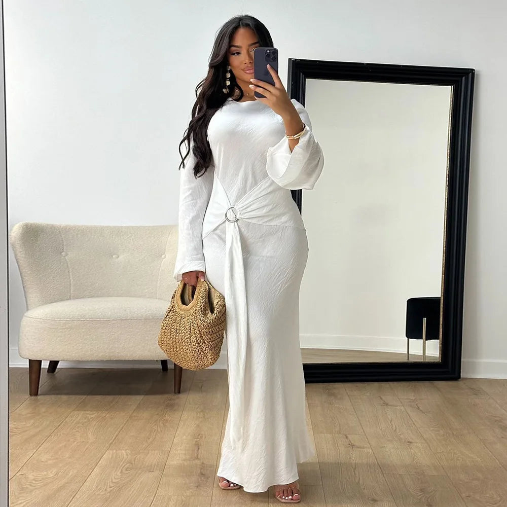 2024 Autumn Fashion Women's Leisure Elegant Maxi Dress Metal Buckle Retro Solid Long A-line Women's Dress Party Vestidos Robes