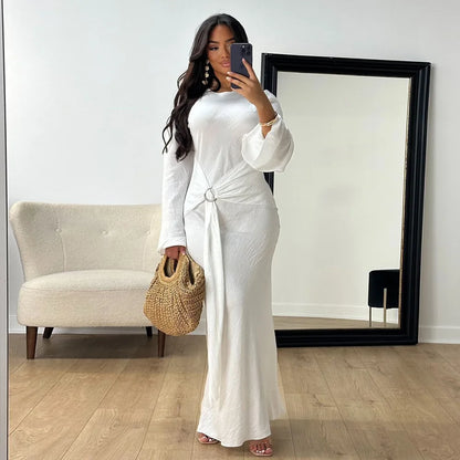 2024 Autumn Fashion Women's Leisure Elegant Maxi Dress Metal Buckle Retro Solid Long A-line Women's Dress Party Vestidos Robes