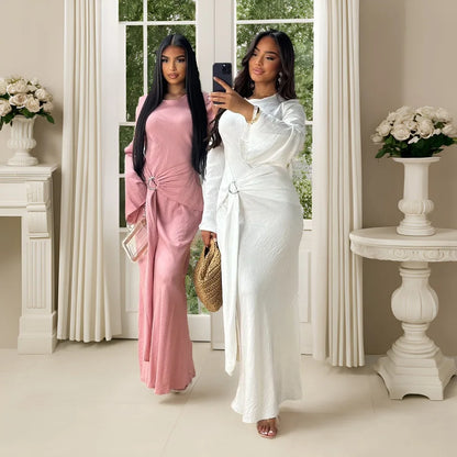 2024 Autumn Fashion Women's Leisure Elegant Maxi Dress Metal Buckle Retro Solid Long A-line Women's Dress Party Vestidos Robes